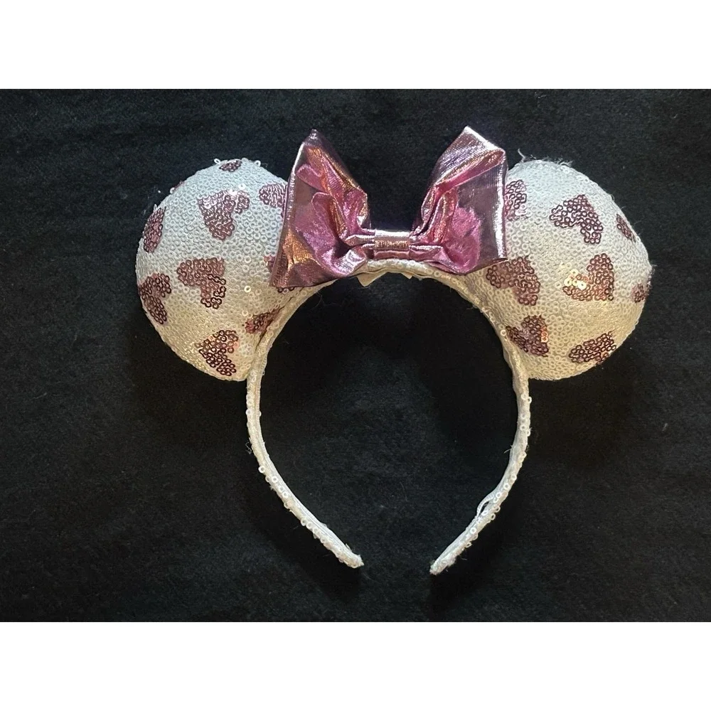 Disney Parks Heart Sequin Minnie Mouse Ears Pink Bow Headband + Glasses (Bonus)